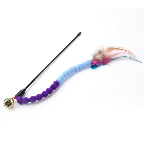 Cat Teasing Stick Colorful Pompom Feather Wand Fun Pet Teaser Rod Toys (04) A#S