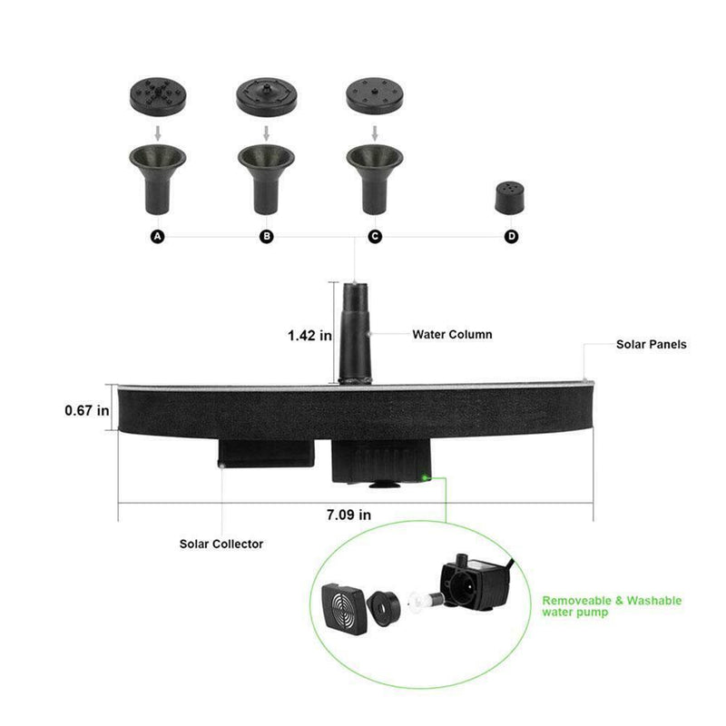 Bird Bath Fountain Solar Powered Water Pump Floating Black Outdoor Pond Garden