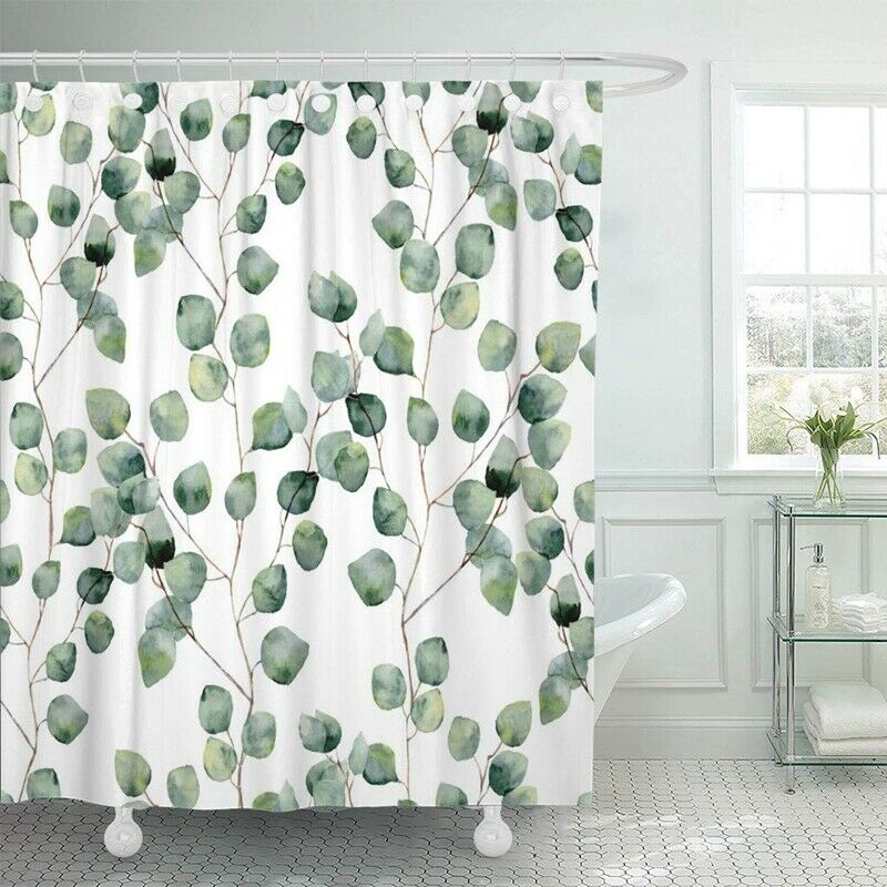 Shower Curtain Watercolor Green Floral Eucalyptus Round Leaves Pattern BrancG4V6