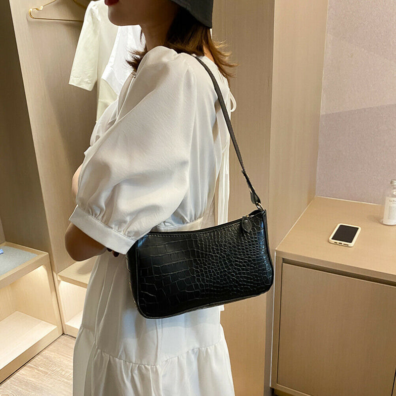Women Alligator PU Leather Handbag Ladies Zip Totes Shoulder Bags (Black)