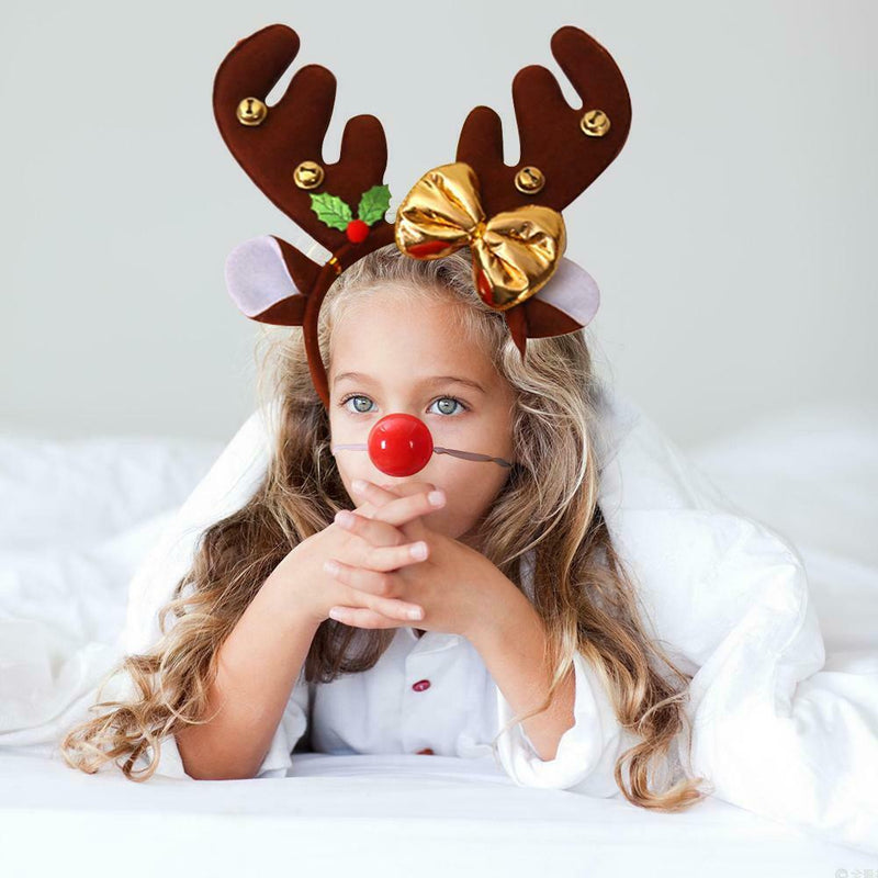 Antler Elk Hair Hoop Headband Red Nose for Xmas Kid Costume Party Prop (A) A