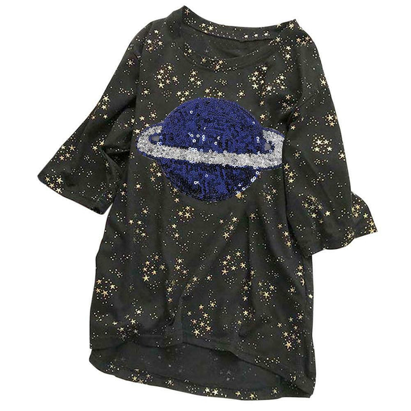 Summer Women Loose T-shirt Star Print Sequin Short-Sleeve TopsÃ¯Â¼Ë†Black) (XL) A