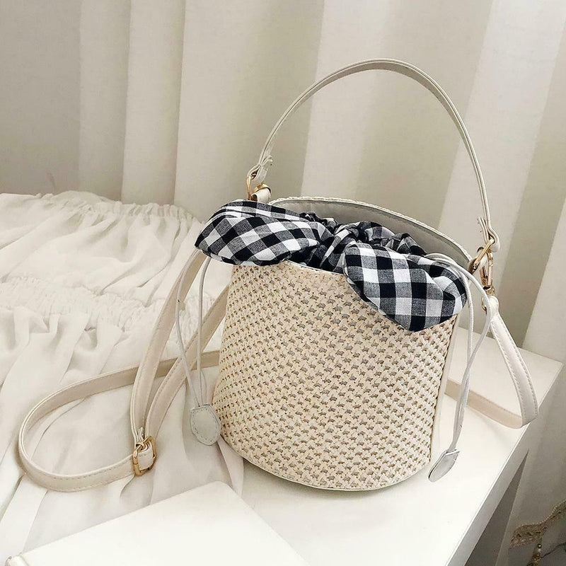 Straw Woven Shoulder Messenger Handbags Women Crossbody Bucket Bags (Beige) A