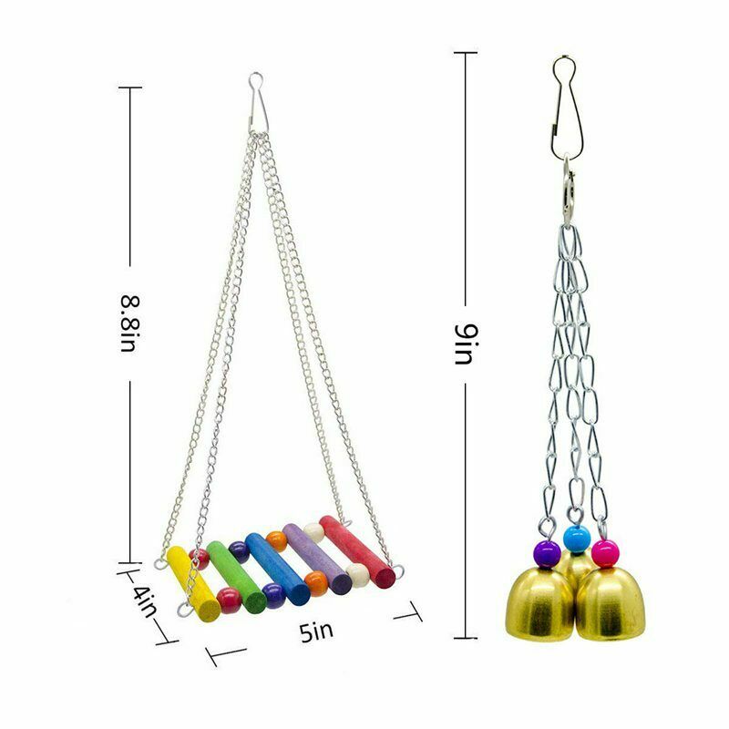 Bird Swing Toys Bell Colorful Natural Wood Hammock Hanging Perch Small Medi A1A5