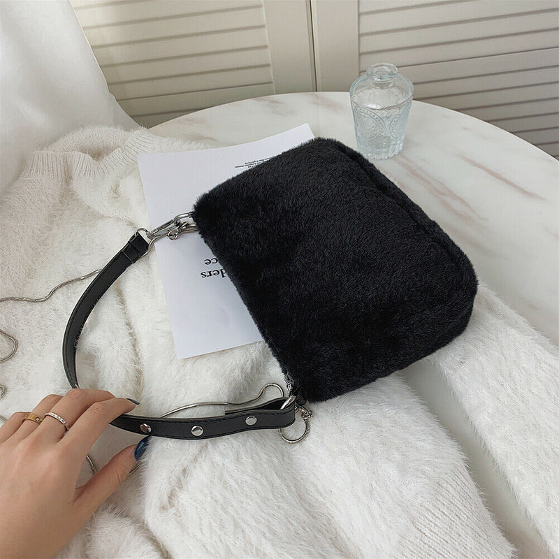 Plush Underarm Pack Shoulder Messenger Bag Women Soft Fluffy Totes (Black)