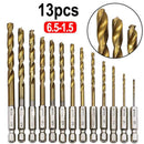 13Pcs HSS Titanium Coated Twist Drill Bit Hex Shank 1.5-6.5mm High Speed Steel