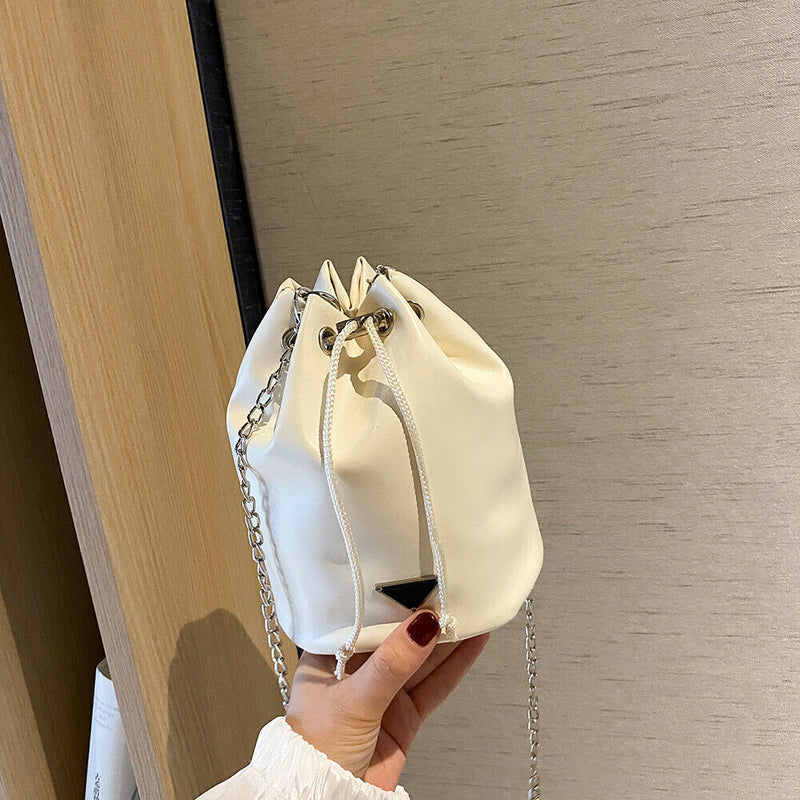 Drawstring Bucket Bag Women PU Chain Crossbody Shoulder Handbags (White)