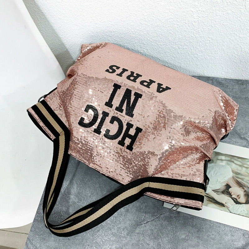 Letters Sequin Crossbody Shopping Bags Women Large Shoulder Handbag (Pink)