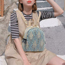 Straw Woven Small Backpacks Women Stripe Print Shoulder School Bags (Blue) A