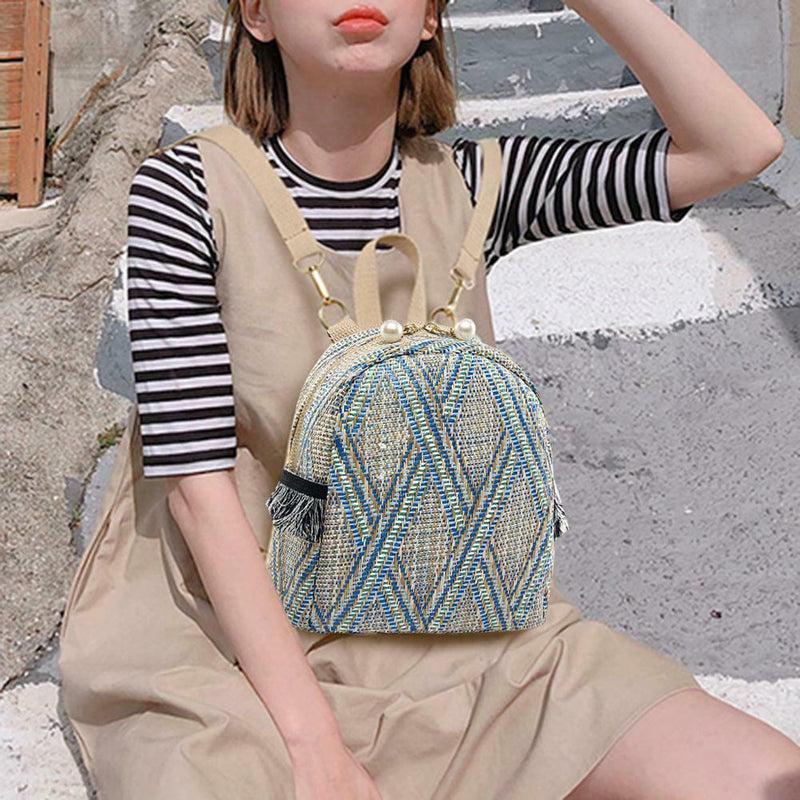 Straw Woven Small Backpacks Women Stripe Print Shoulder School Bags (Blue) A