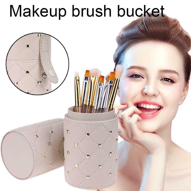 Leather Rhombus Rivet Makeup Storage Holder Cup w/Buckle for Makeup Brush
