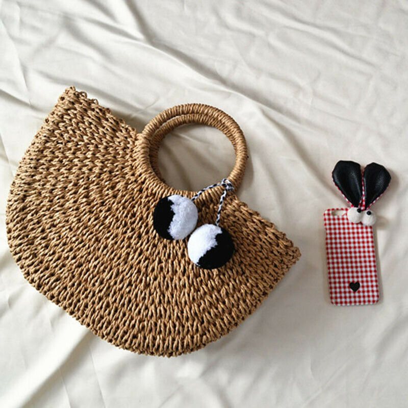 Summer Handmade Bags Women Pompon Beach Weaving Ladies Straw Bag Wrapped Be L8Y2