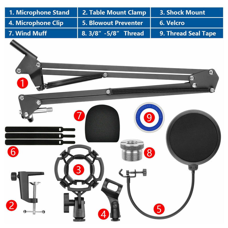 Desktop Microphone Scissor Stand Wind Muff 3/8" to 5/8" Adapter Singing