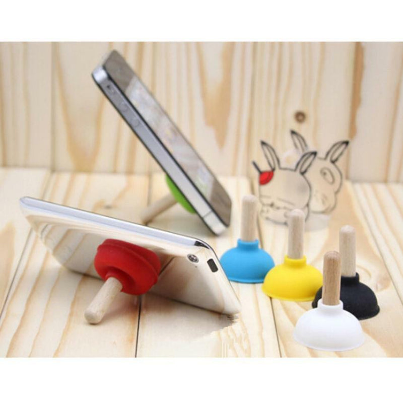 7pc Mini Wooden Hanle Toilet Shape Plunger Rubber Cell Phone Sucker Holder Stand