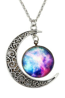 Women Galactic Glass Cabochon Pendant Crescent Moon Necklace(Color numbers: F5D9
