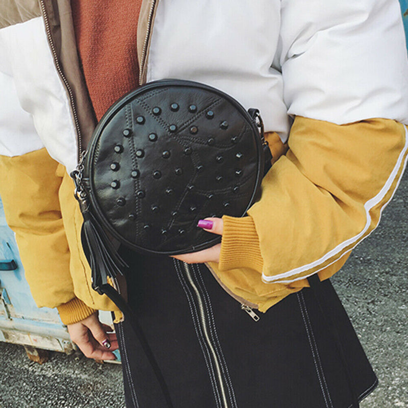 Women Sheepskin Rivet Cute Round Mini Shoulder Bag Crossbody Bag Black