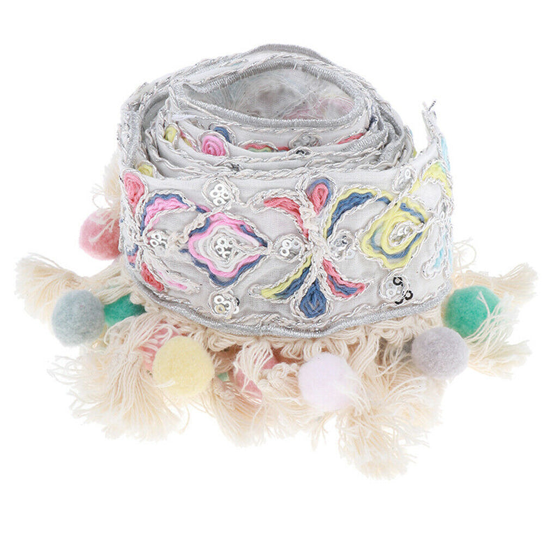 1 Yard Sequins Jacquard Ribbon Trim with Pom Poms Tassel Crafts Supplies