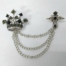Men Clear Crystal Rhinestone Brooch Lapel Pin Crown Coat Suit Tassel Chain VCD
