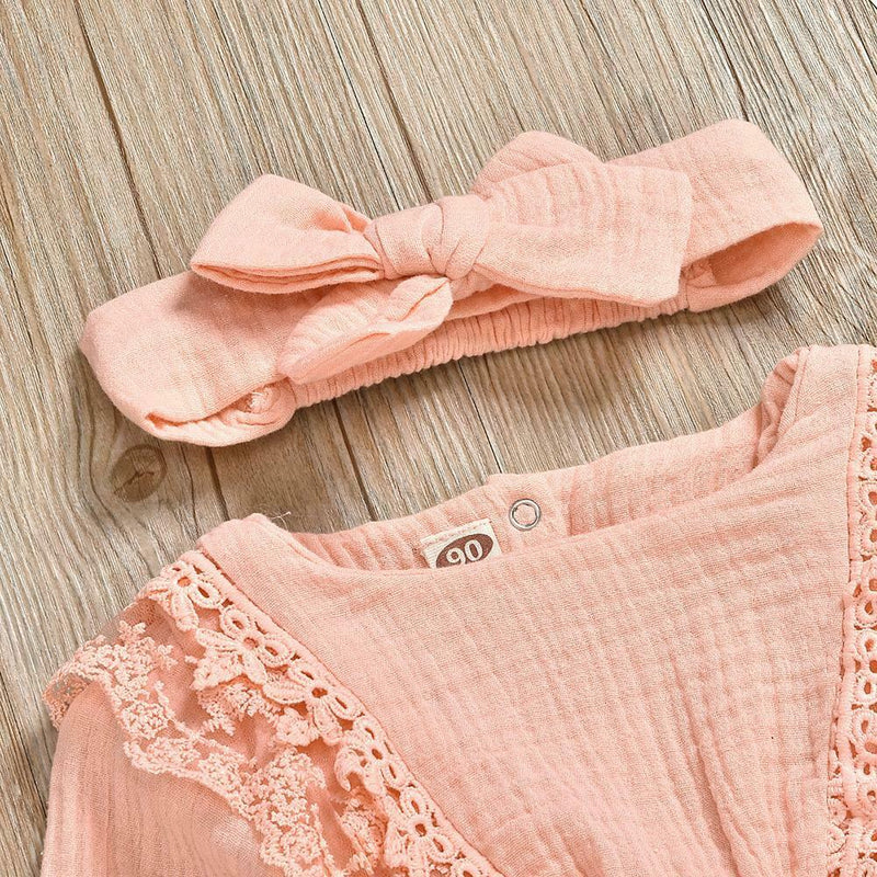 2pcs Clothes Set Baby Kids Girls Solid Color Rompers+Headband (Pink 12-18M) A
