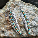 Retro Turquoise Feather Drop Earrings Ethnic Style Ear Hook Women Jewelry