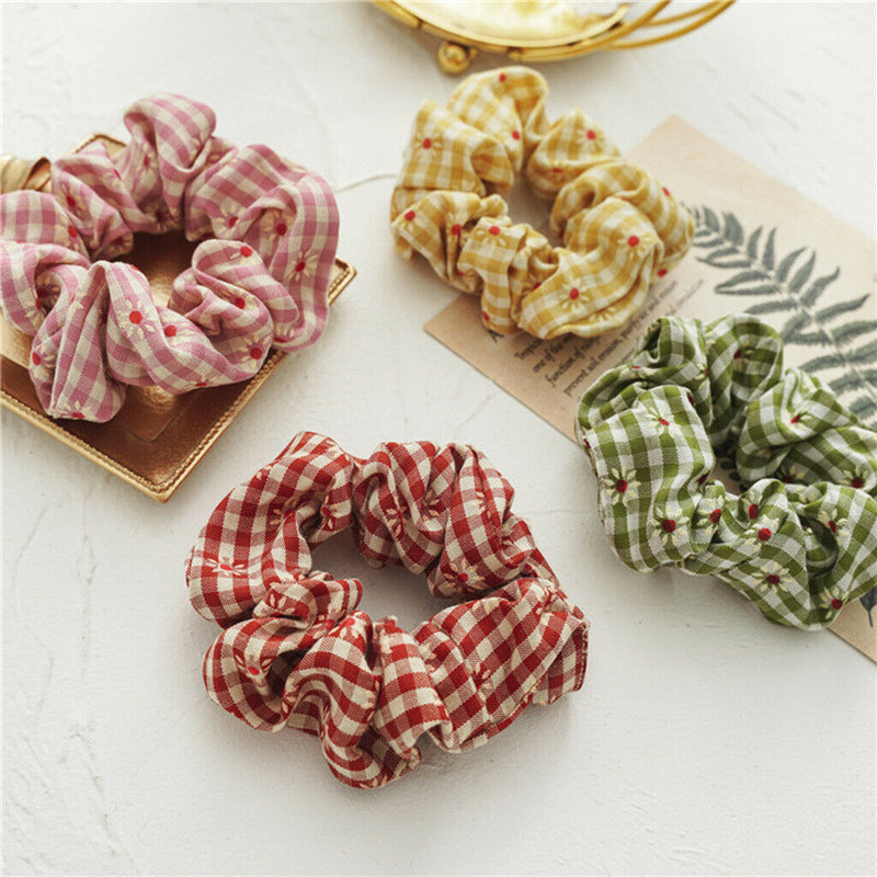 6Pieces Daisy Hair Scrunchies Cotton Flower  Hair Scrunchies Plaid Elastic Hair