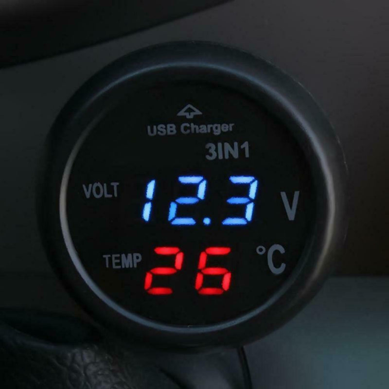 3 in 1 12/24V Car LED Digital Voltmeter Gauge+Thermometer+USB Charger(Blue)