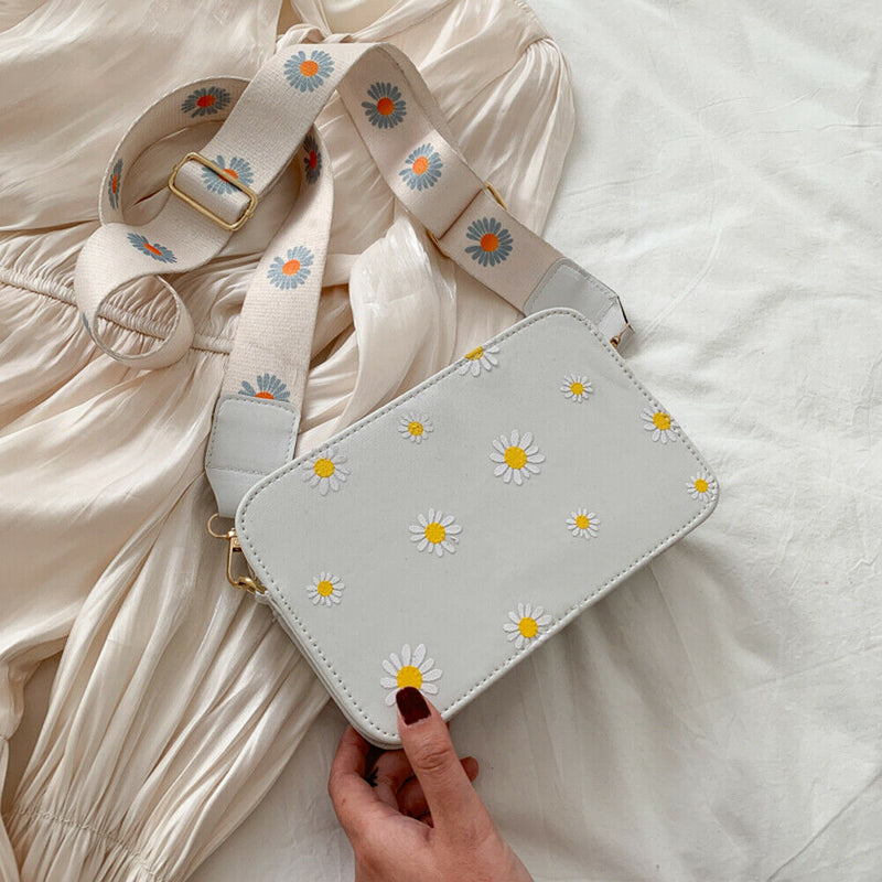 Small Fresh Leather Shoulder Bags Women Girls Floral Messenger Bags (White) A