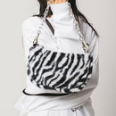 Lady Zebra Pattern Plush Shoulder Handbags Small Purse Tote Street Messenger Bag