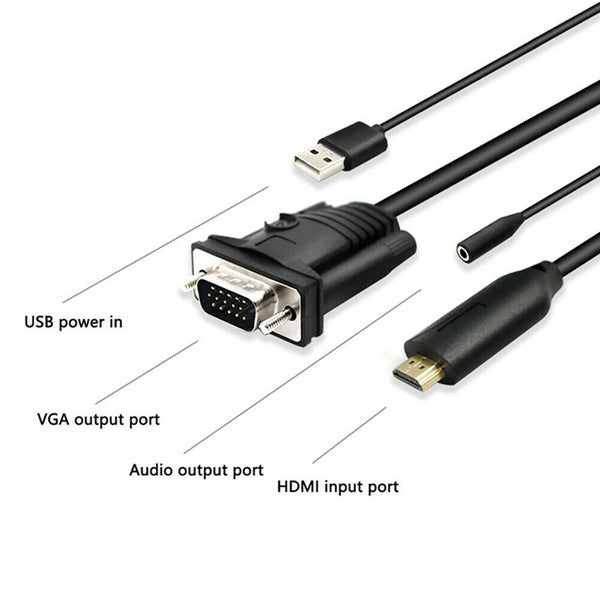 6ft HDMI to VGA Adapter w/Audio Male to Male Cable for PC Monitor Projector