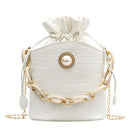 Alligator PU Women Drawstring Acrylic Chain Crossbody Shoulder Bag (White)