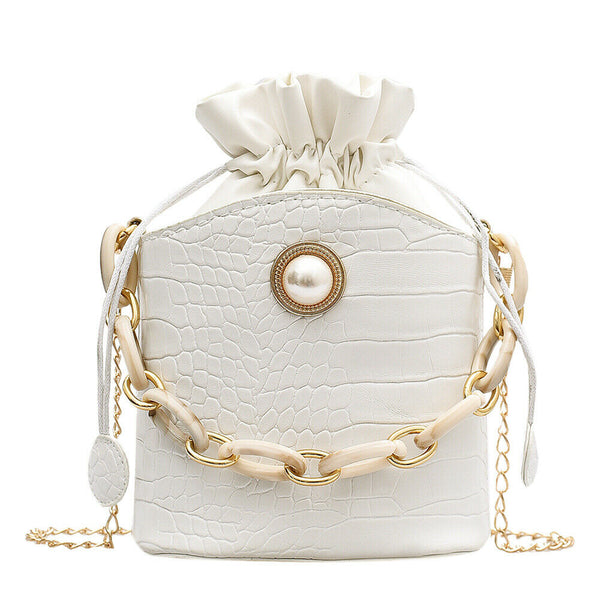 Alligator PU Women Drawstring Acrylic Chain Crossbody Shoulder Bag (White)