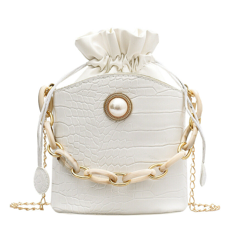 Alligator PU Women Drawstring Acrylic Chain Crossbody Shoulder Bag (White)