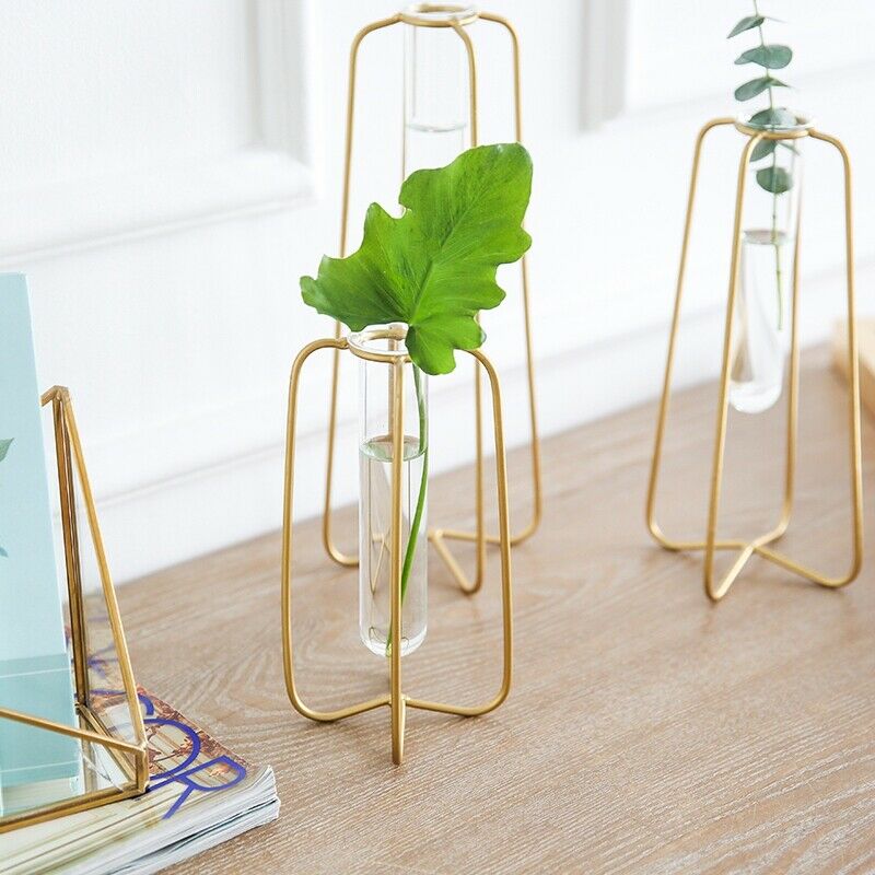 1 Piece Vase For Decoration Tube Vase Metal Stand Glass Tube Bottle For Pla V2B8