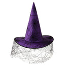 Womens Girls Gothic Halloween Purple Witch Costume Hat with Spiderweb Veil