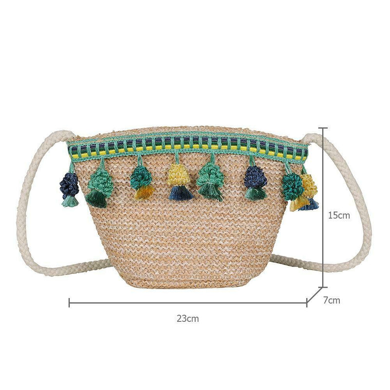 Women Tassel Shoulder Bags Straw Messenger Crossbody Beach Handbags (Green) A