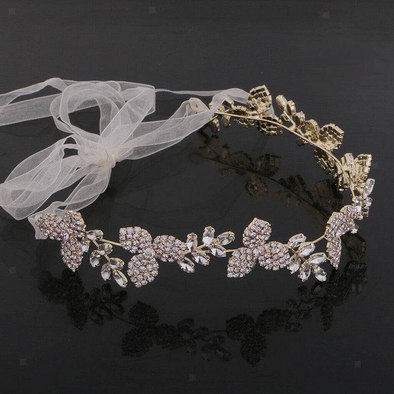 Gorgeous Ladies Girls Leaf Crystal Hair Band with Ribbon Headwear