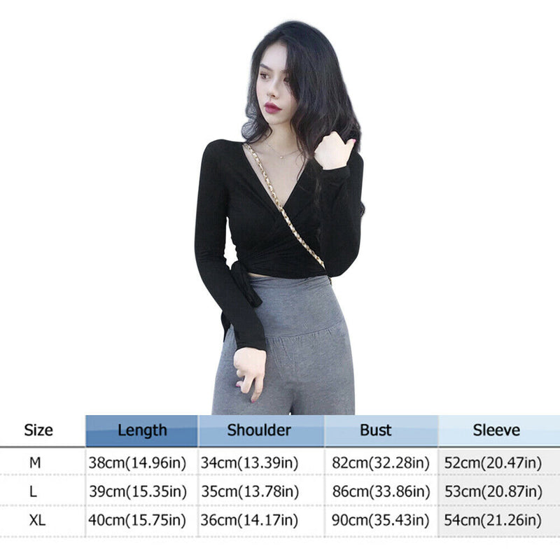 Women Autumn Long Sleeve Solid V-Neck Bandage Sexy Crop Tops (Black XL)