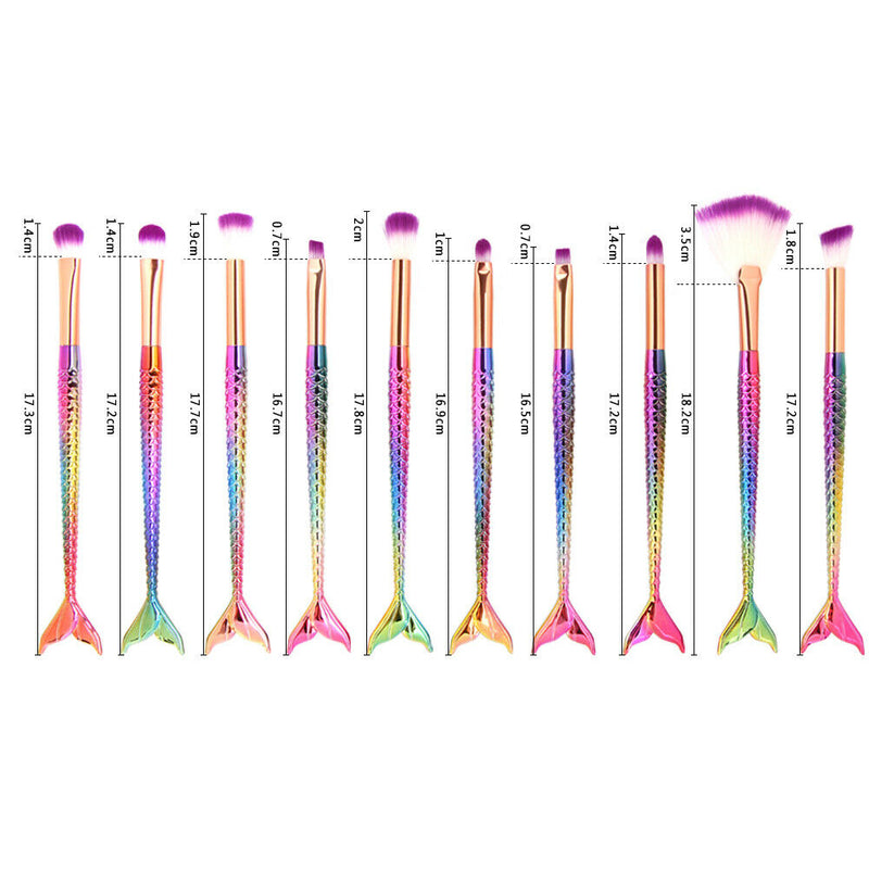 10pcs Fish Tail Foundation Powder Eyeshadow Eyeliner Makeup Brush(Colorful) A