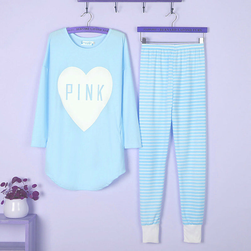 Womens Pajama Sleepwear Nightwear Set Long Sleeve Round Neck Tops Stripe Pants