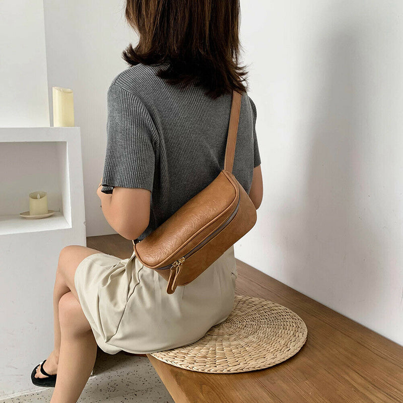 Fashion PU Shoulder Bag Women Pure Fanny Chest Crossbody Pack (Light Brown)