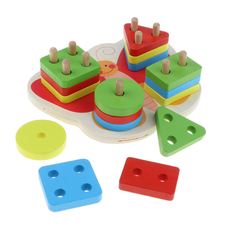 Wooden Geometric Blocks Column Shapes Color Puzzle Building Educational Toys