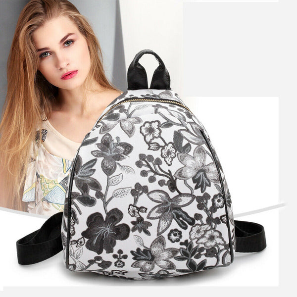 Summer Women PU Leather Floral Printed Backpack School Travel Bag(Black)
