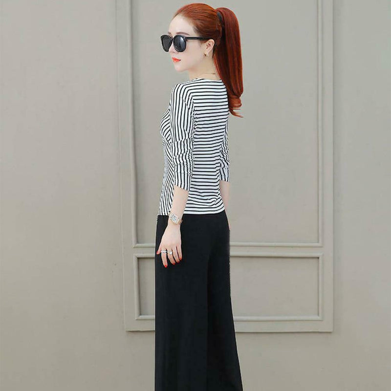 Fashion V-neck Striped Women Long Sleeves Blouse Cross Irregular Tops (XL)