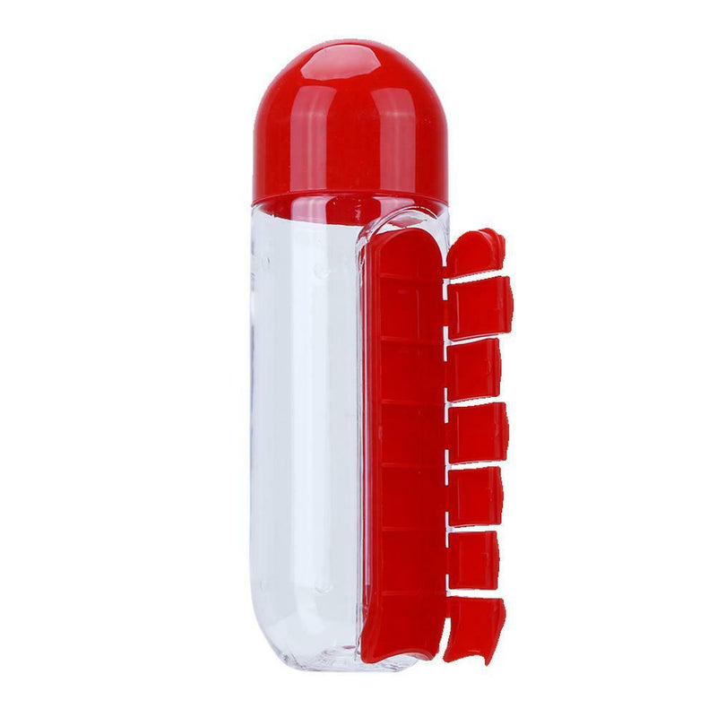 600ML Plastic 2 In 1 Combine Daily Pill Box Drinking Bottles Cups(Red)