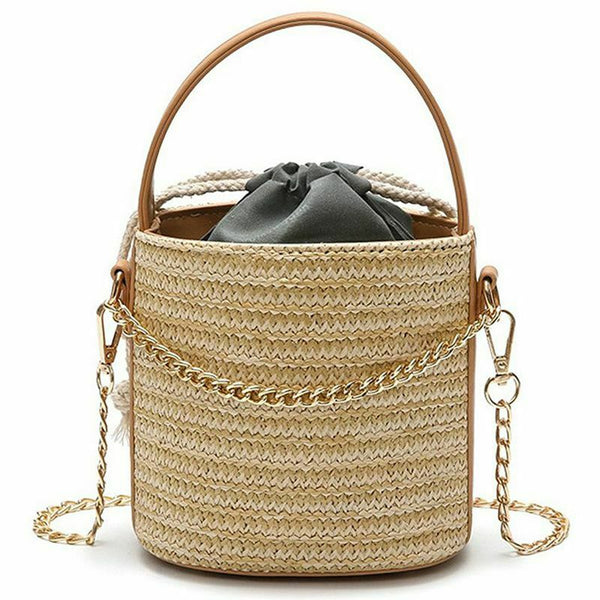 Women Straw Handbag Tote Summer Holiday Woven Bucket Bag Leisure Chain Shou H9W7