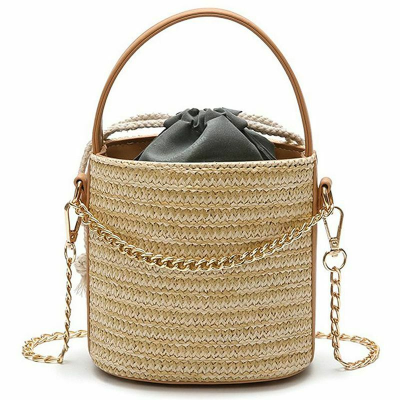 Women Straw Handbag Tote Summer Holiday Woven Bucket Bag Leisure Chain Shou H9W7