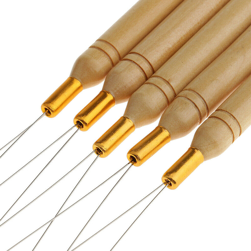 5Pieces Wooden Handle Hair Extensions Loop  Threader Pulling Tool Kit