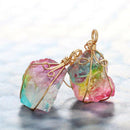 Rainbow Natural Stone Rope Wrapped Quartz Pendant Dangling Hook Earrings 2.5cm