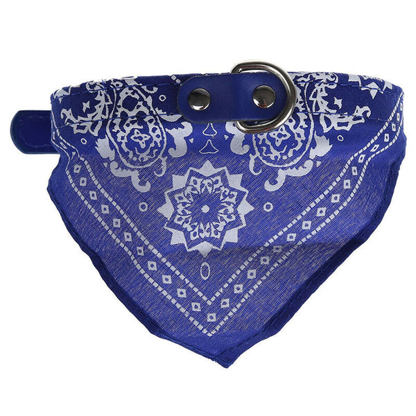 Adjustable Dog Scarf with Leather Collar Paisley Pattern Pet Fashion (blue)