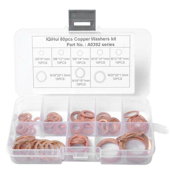 80pcs Assorted Copper Washer Set Flat Ring Seal Assortment Kit with Box A#S
